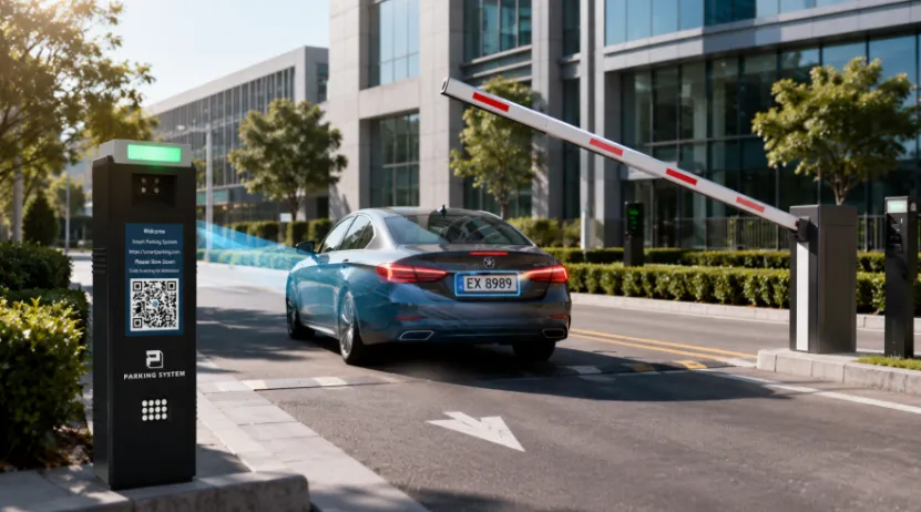 Blue sedan driving through a smart parking barrier gate