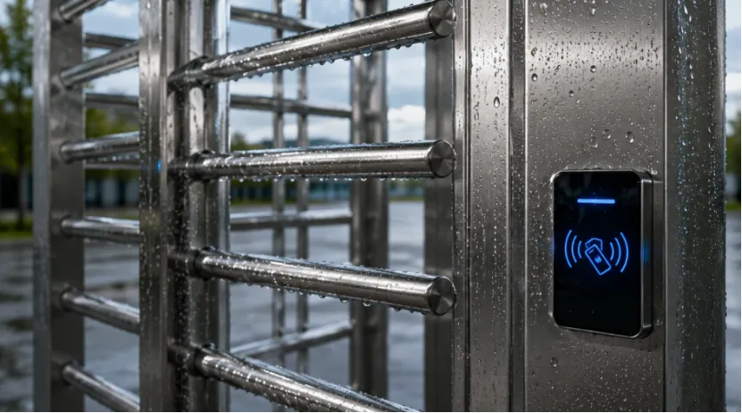 Close-up of waterproof full-height turnstile with rain drops and RFID reader