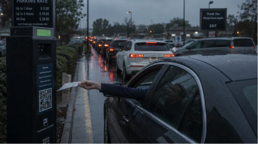 Driver reaching from car to pay at traditional parking toll booth with long queue
