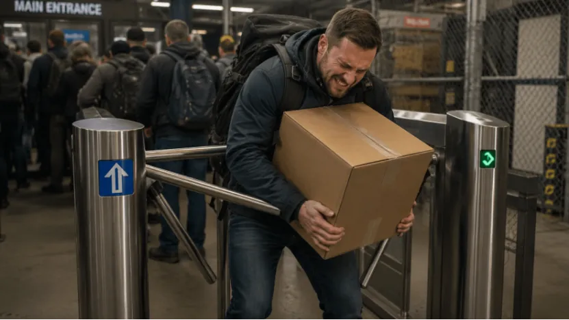 Man with a large box struggling to pass through a narrow tripod turnstile