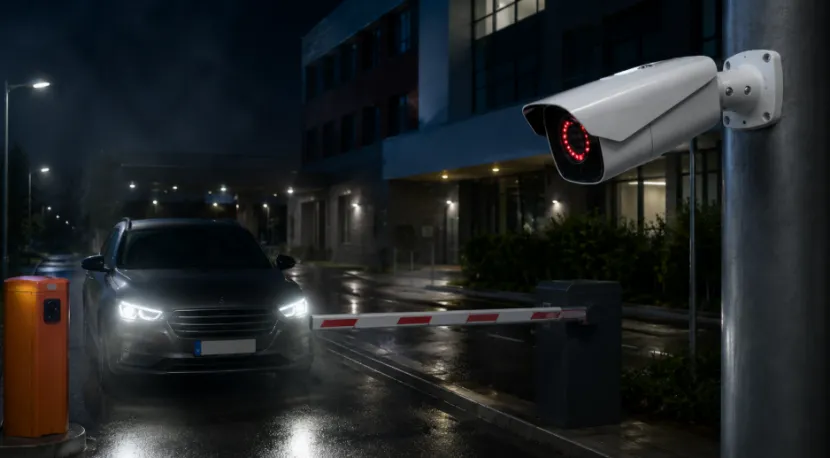 Night vision ANPR camera with IR active at a parking gate