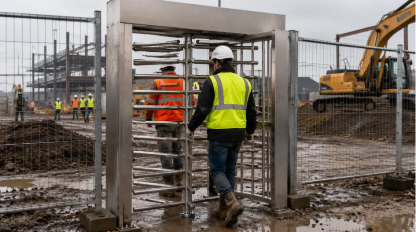 Workers entering muddy construction site through a stainless steel full-height turnstile
