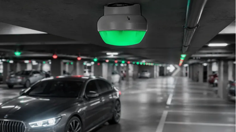 Ceiling-mounted ultrasonic parking sensor showing a green LED available space indicator