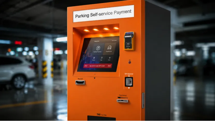 Close-up of an orange self-service parking payment kiosk in a garage