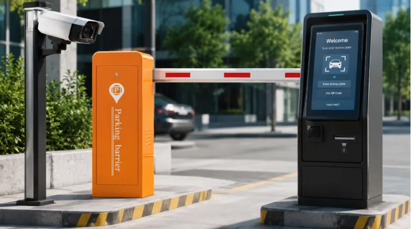 LPR camera, parking barrier, and ticketless payment kiosk