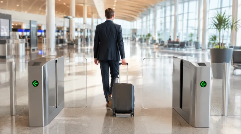 Man with luggage walking through a wide swing turnstile gate