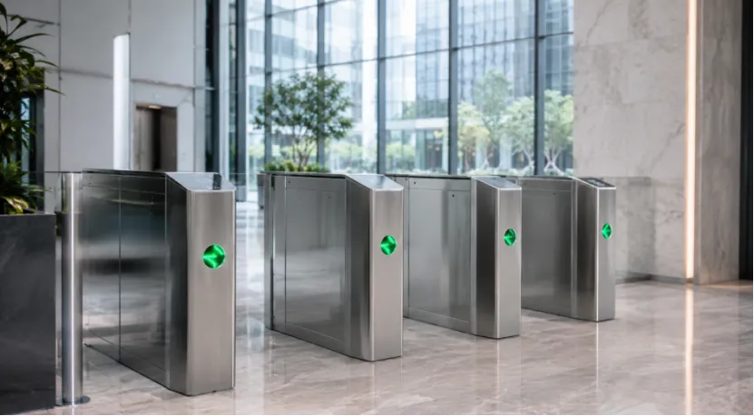 Row of modern stainless steel turnstile gates in an office lobby