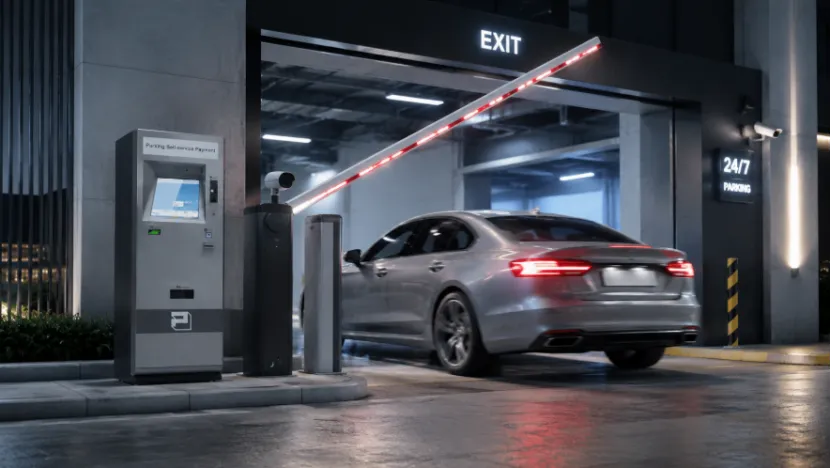 Silver sedan exiting a lot with a grey payment kiosk and barrier gate