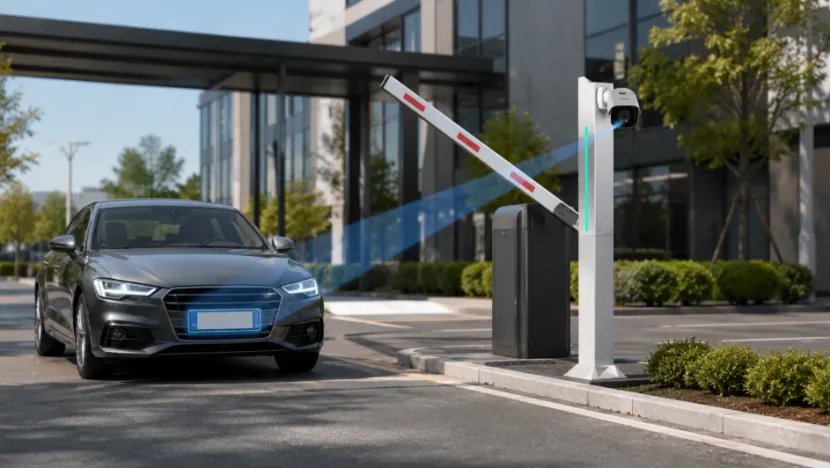 Smart ALPR camera scanning a car's license plate at a parking barrier gate