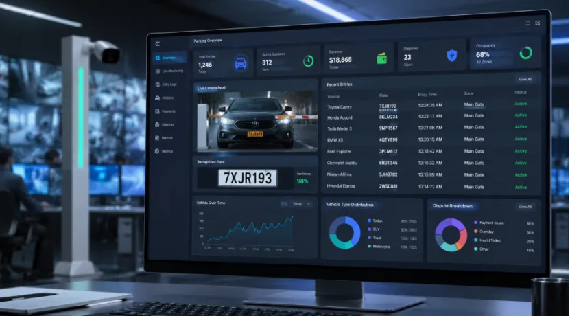 Smart parking management software dashboard displaying live license plate data and analytics