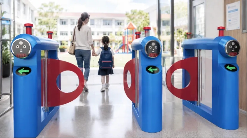 A mother and child walk together through a wide, child-friendly kindergarten turnstile gate with green LED indicators