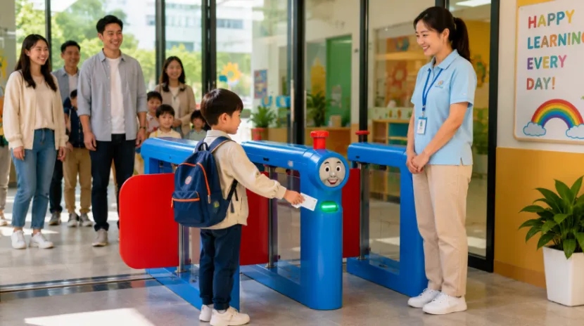A young student swipes an access card at a blue, train-themed kindergarten tunstile gate while a teacher supervises