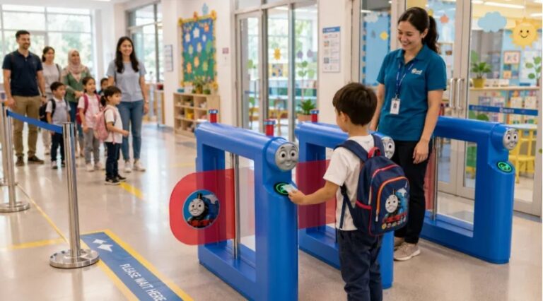 Boy scanning card at a train-themed kindergarten turnstile