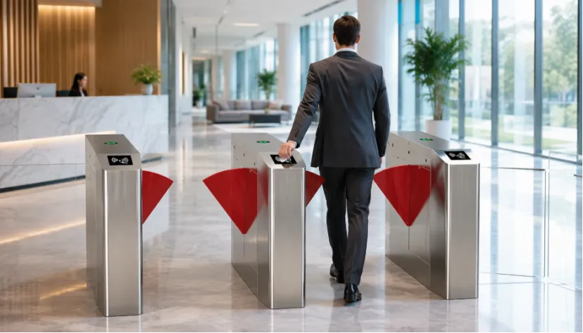 Businessman passing through a modern flap barrier turnstile in an office lobby