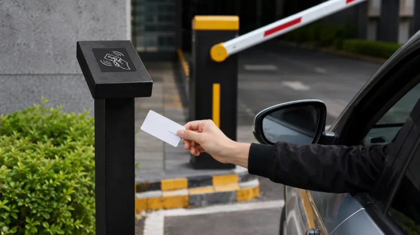 Driver swiping an RFID card at a parking gate reader