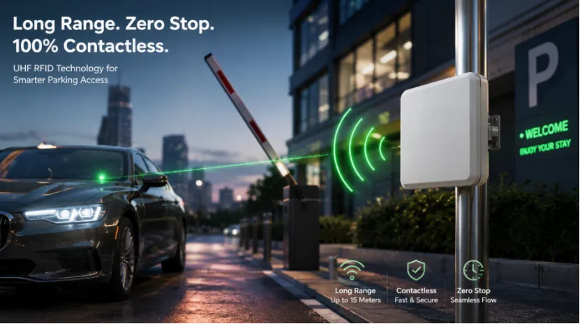 Long-range UHF RFID reader identifying a car at a parking gate