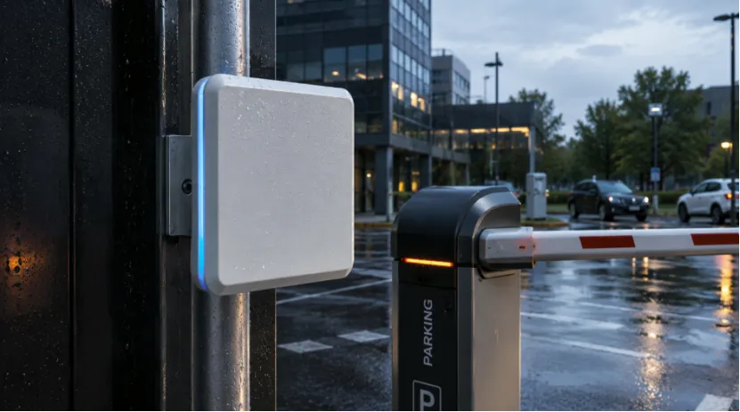Outdoor RFID reader next to a closed parking barrier gate