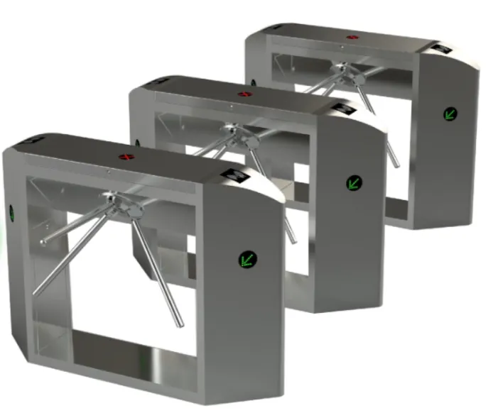 Three stainless steel tripod turnstile gates arranged in a row