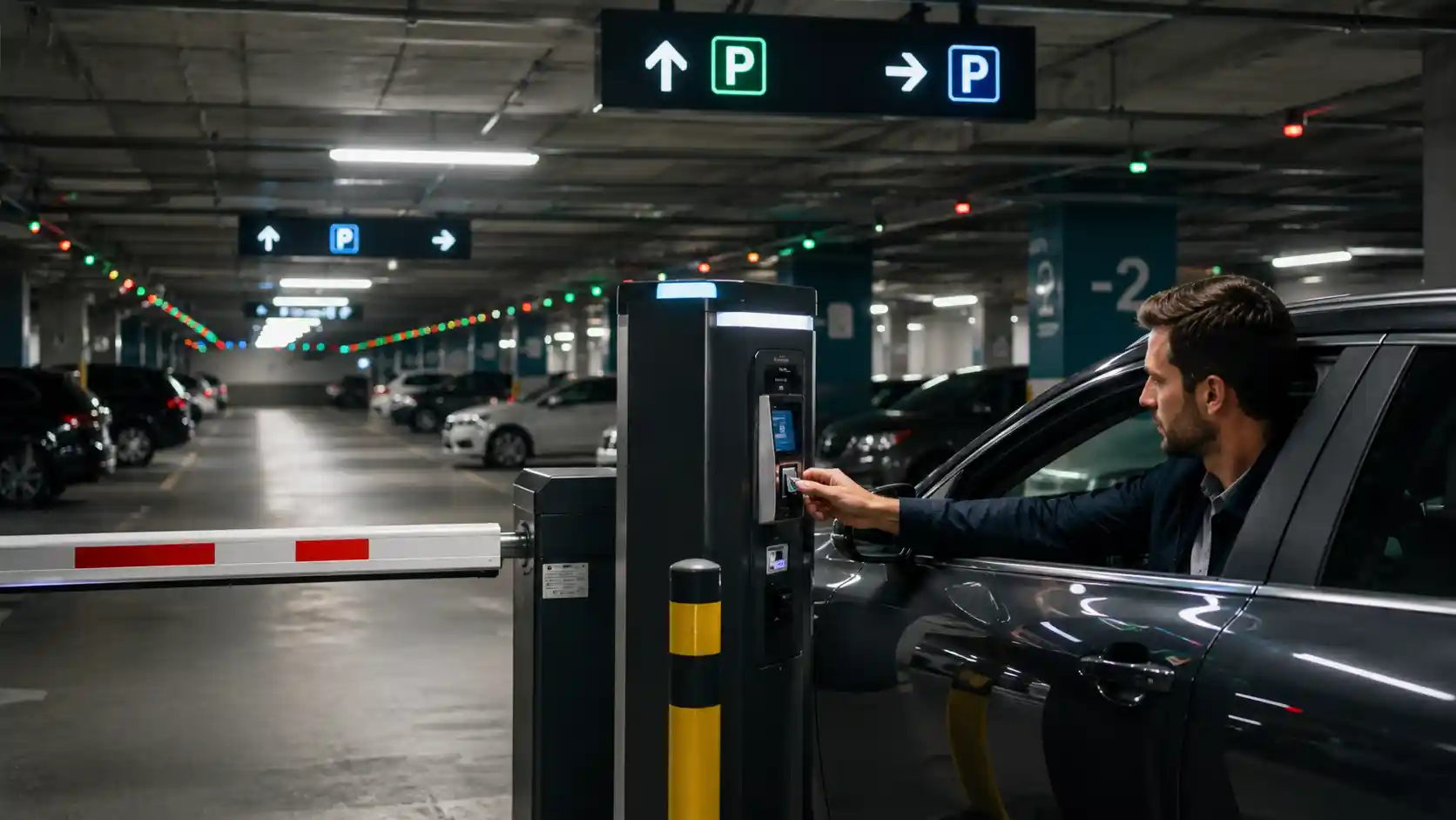 Driver using a parking payment terminal at an indoor garage exit with barrier gate, access verification system, and smart parking management equipment