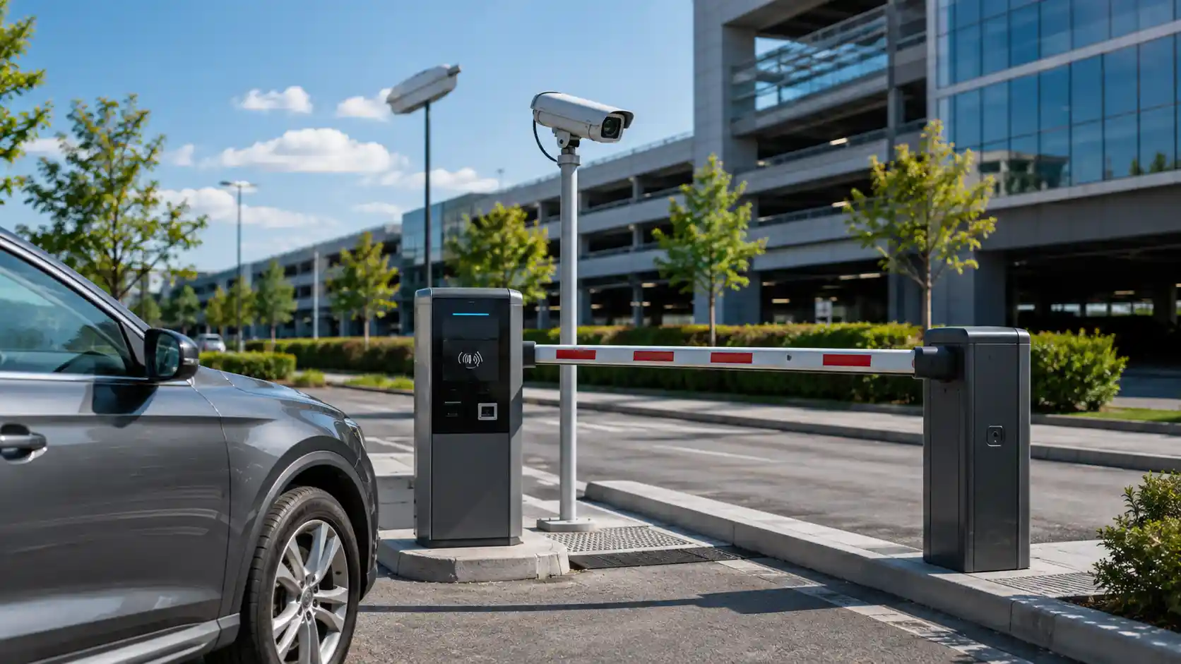 Modern parking system entrance with automatic barrier gate, ANPR camera, vehicle detection equipment, and access control terminal at a commercial parking facility
