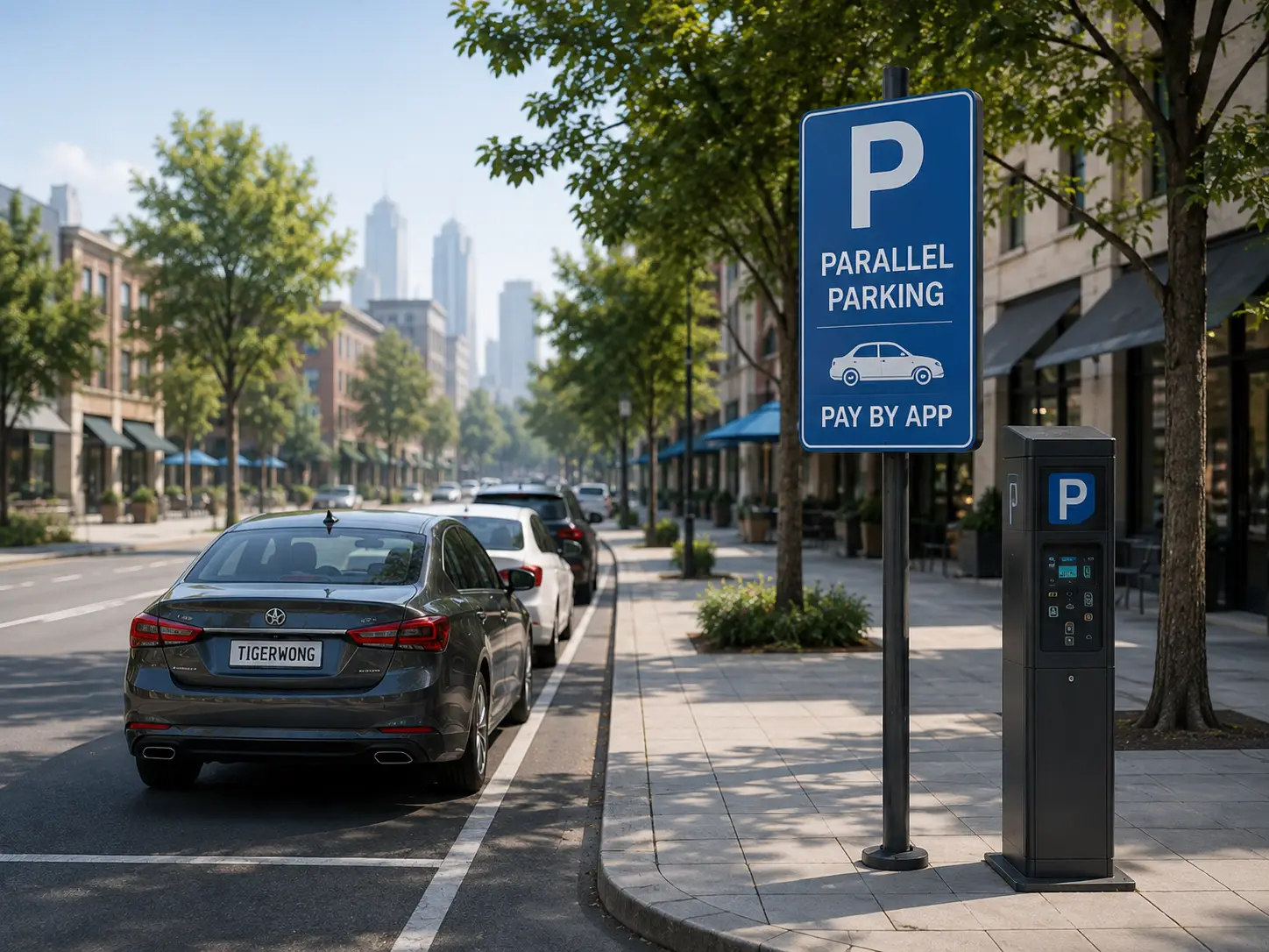 Parallel parking on a city street with smart parking meter and app-based payment system