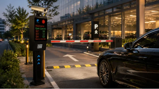 Smart parking gate barrier with ANPR camera and LED display terminal