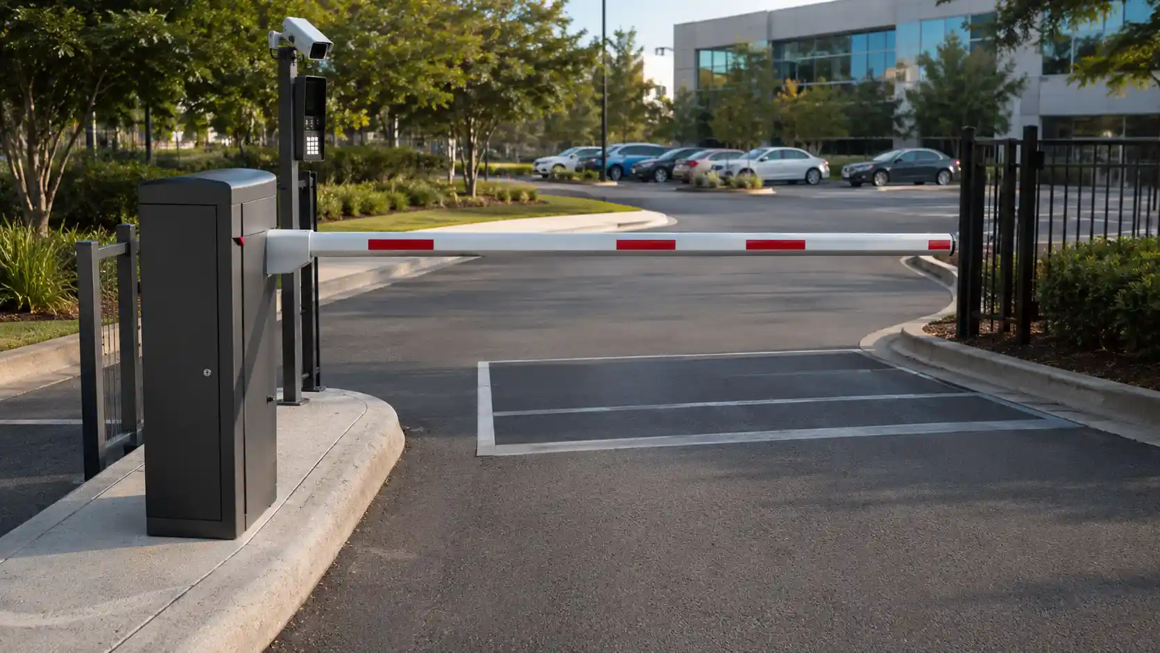 Straight boom arm barrier gate installed at a commercial parking entrance with vehicle access control equipment and security camera