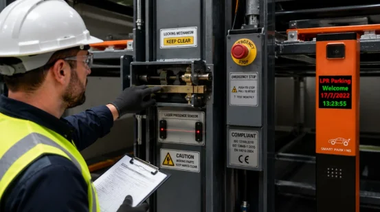 Technician inspecting safety controls on a mechanical parking system