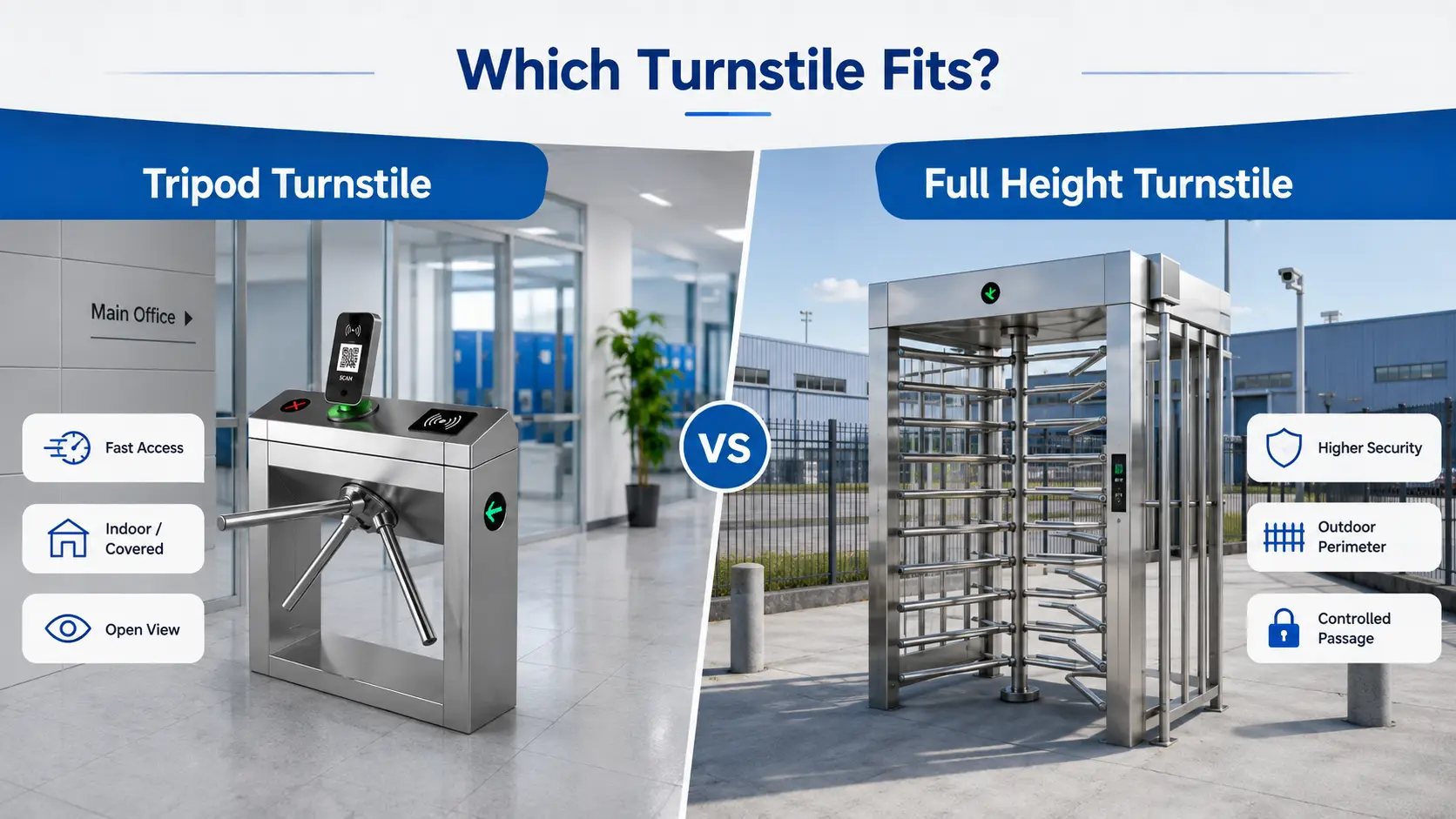 Tripod turnstile vs full height turnstile for indoor and outdoor access control