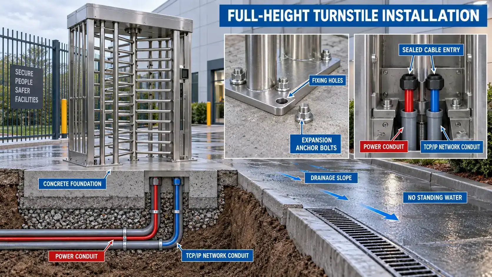 Concrete foundation, conduit cable routing, and drainage for full height turnstile installation