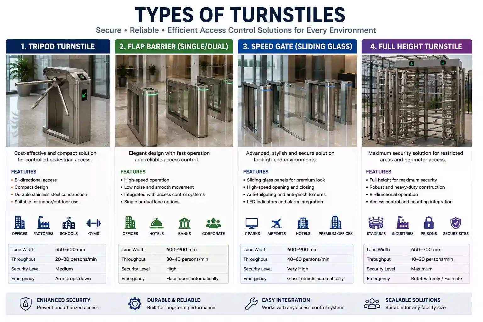 Different types of turnstiles including tripod, flap barrier, speed gate, and full height turnstile
