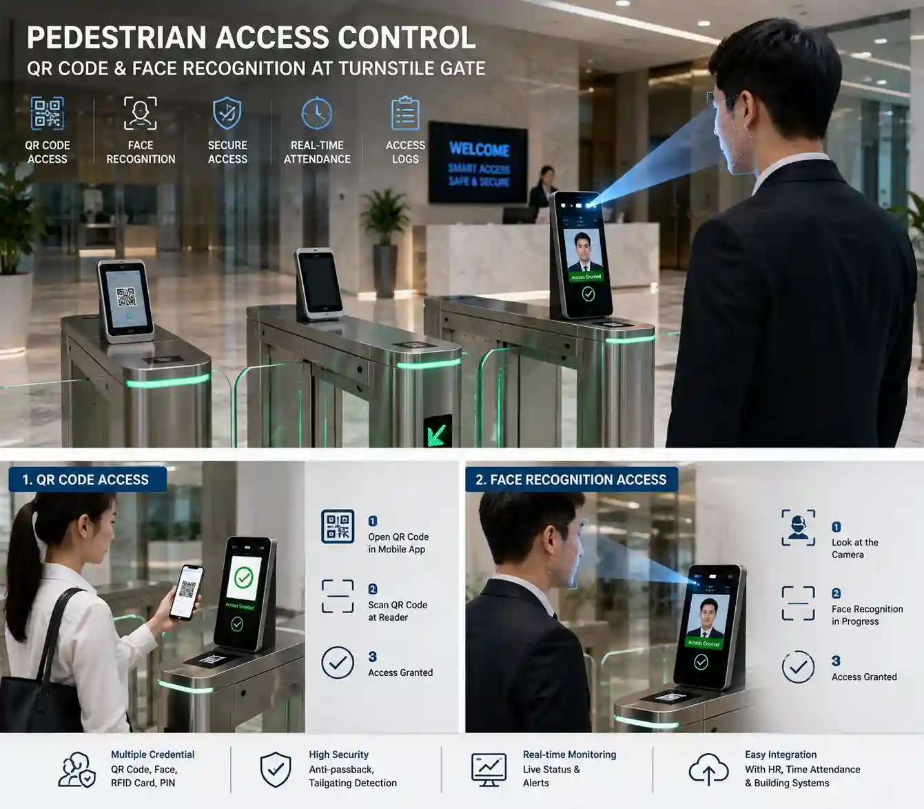 Pedestrian scanning QR code and face recognition credential at turnstile gate entrance