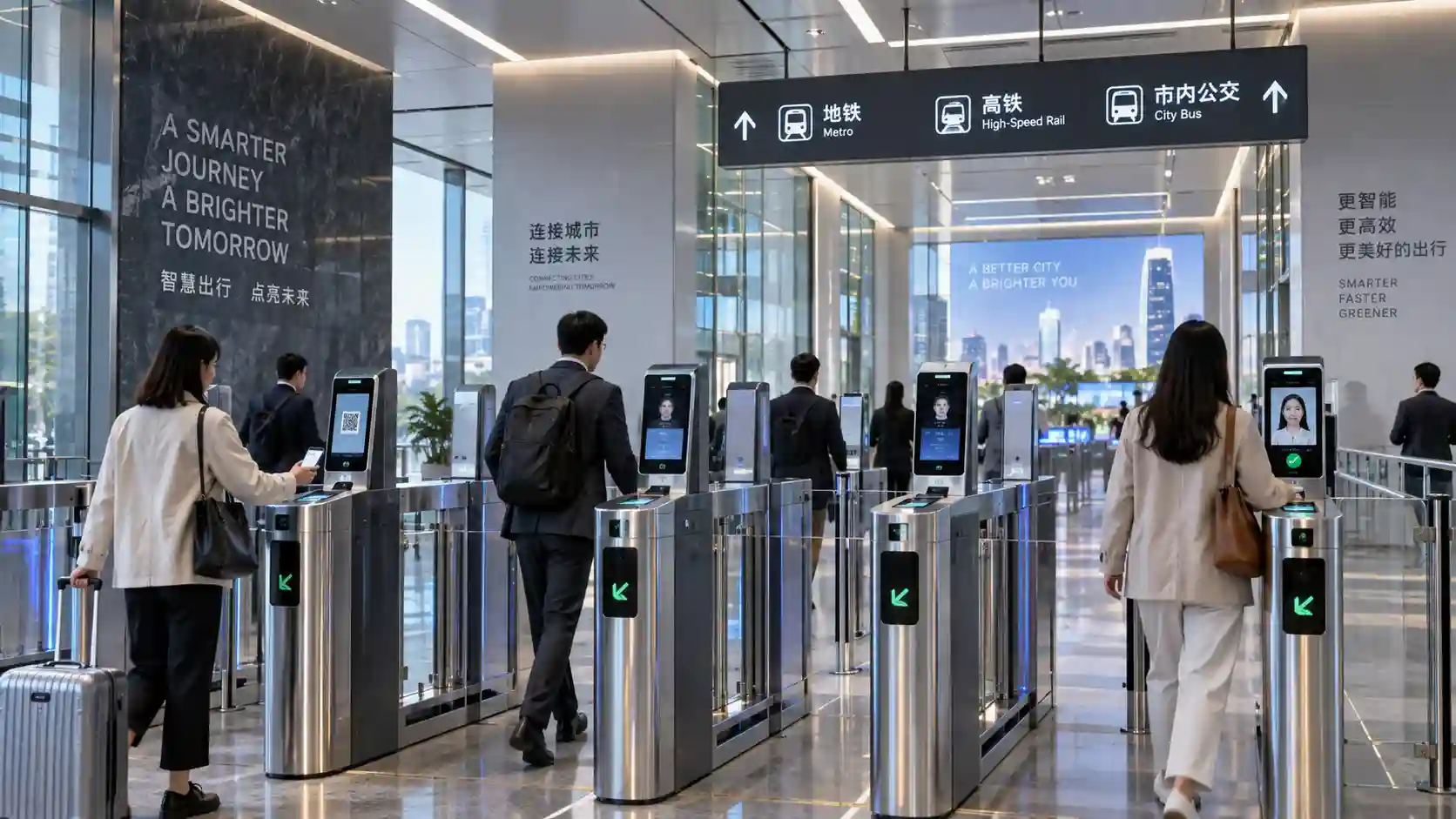 Smart city turnstile gate pedestrian access system with facial recognition and QR ticketing