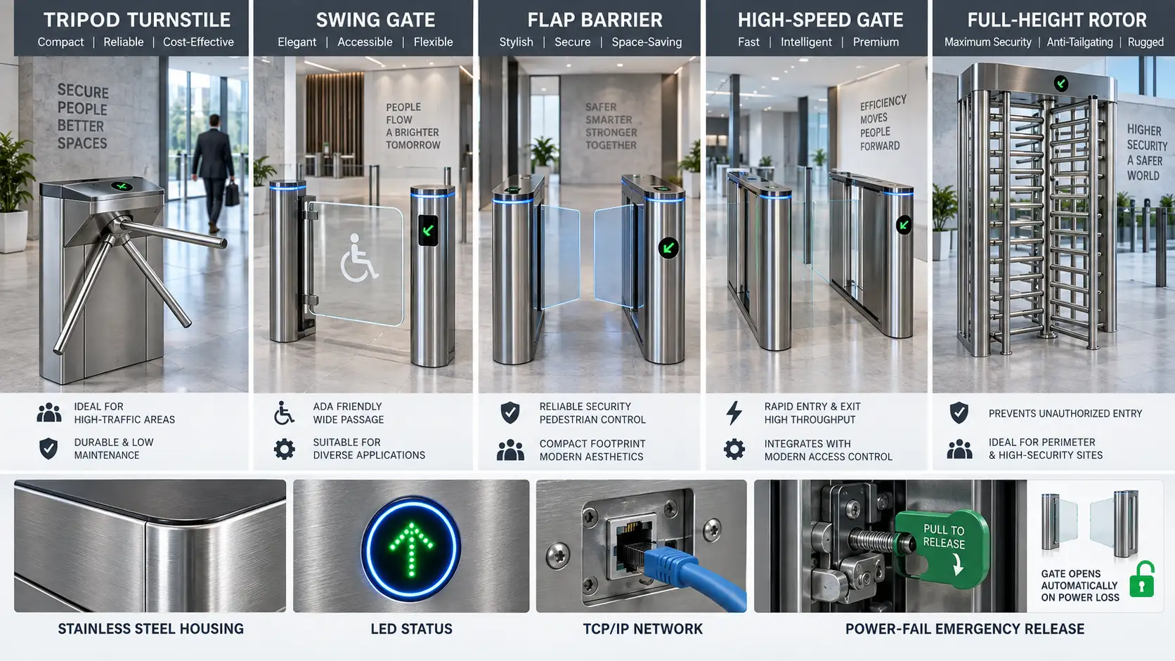 Tripod, flap, swing, and full-height turnstile gate types with emergency release
